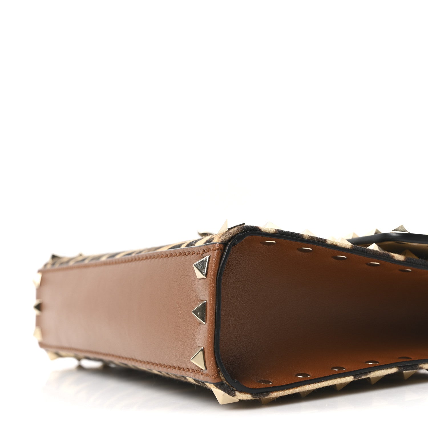 Valentino Garavani Calfskin Canvas Leopard Print Medium Rockstud Flip Lock Crossbody Bag Tan 9 of 9