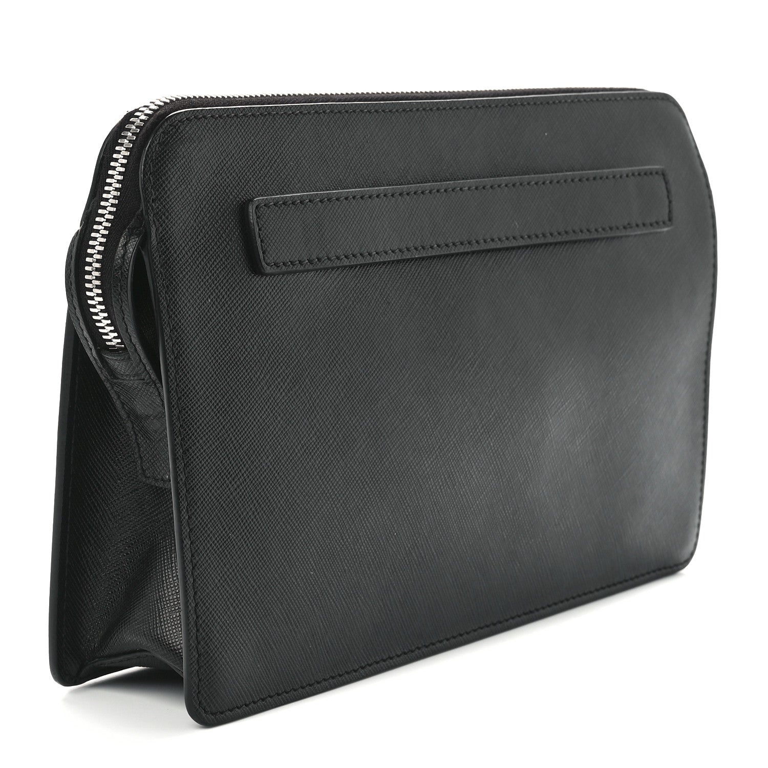 Prada Saffiano Travel Metal Triangle Logo Slip Handle Wristlet Pouch Black 3 of 12
