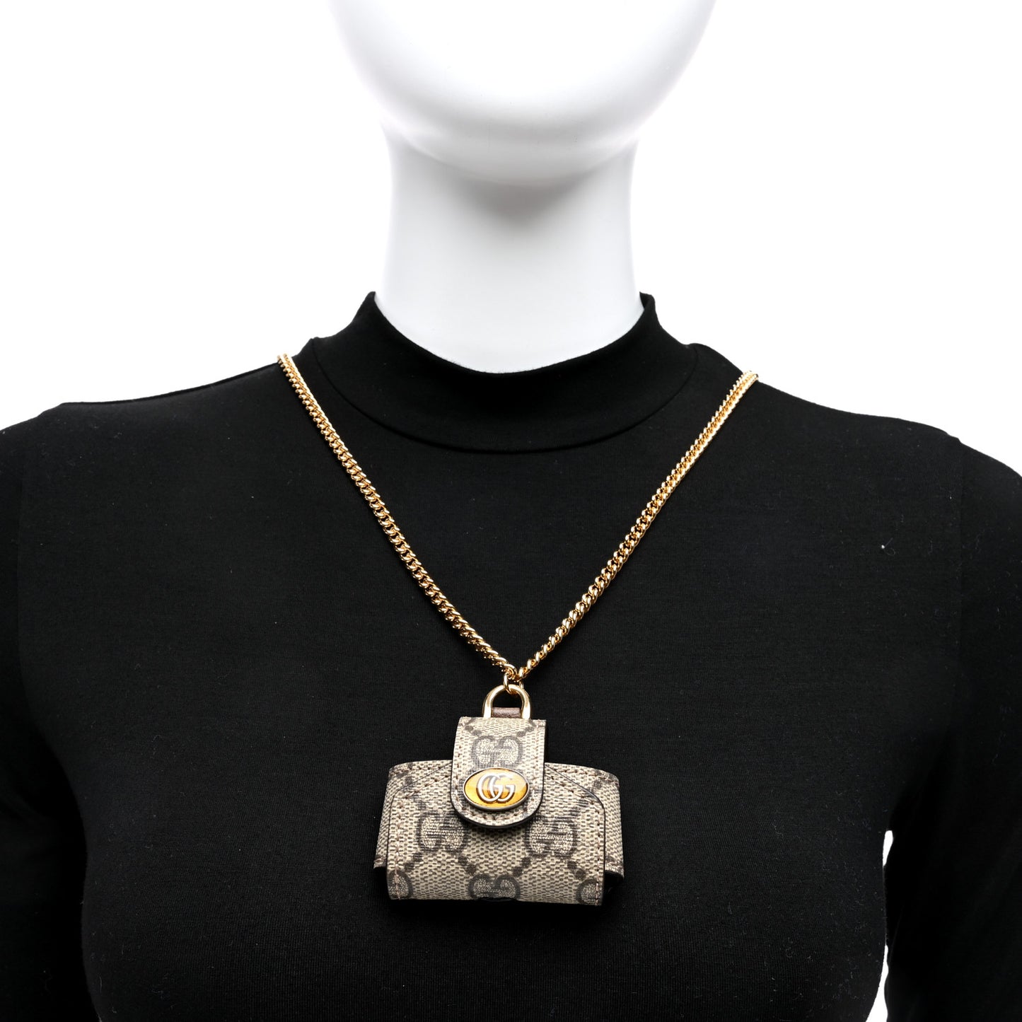 GG Supreme Monogram AirPods Case Necklace Beige Ebony