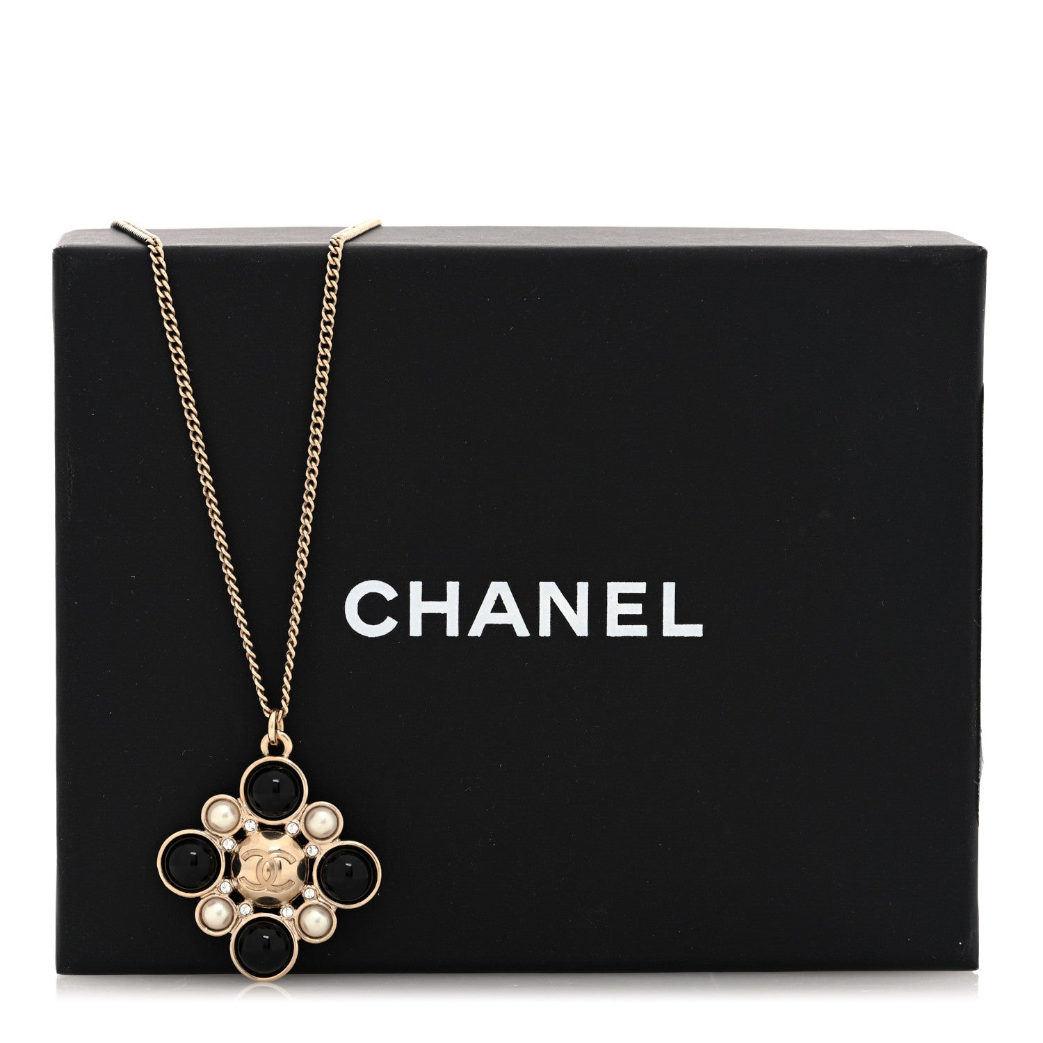 Chanel Metal Pearl Crystal Resin Polka Dot Gripoix CC Pendant Necklace Gold Pearly White Black 5 of 5