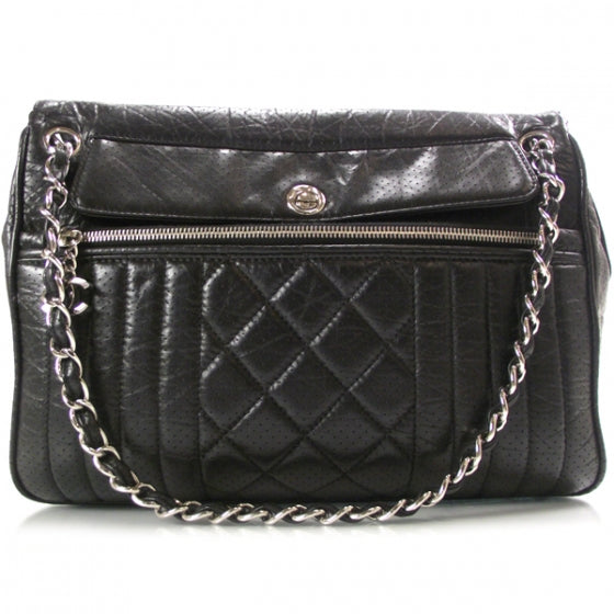 Aged Calfskin Perforated Expandable Tote Black