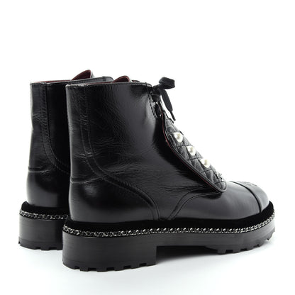 Chanel Crackled Calfskin Velvet Pearl Combat Short Boots 38 Black 4 of 11