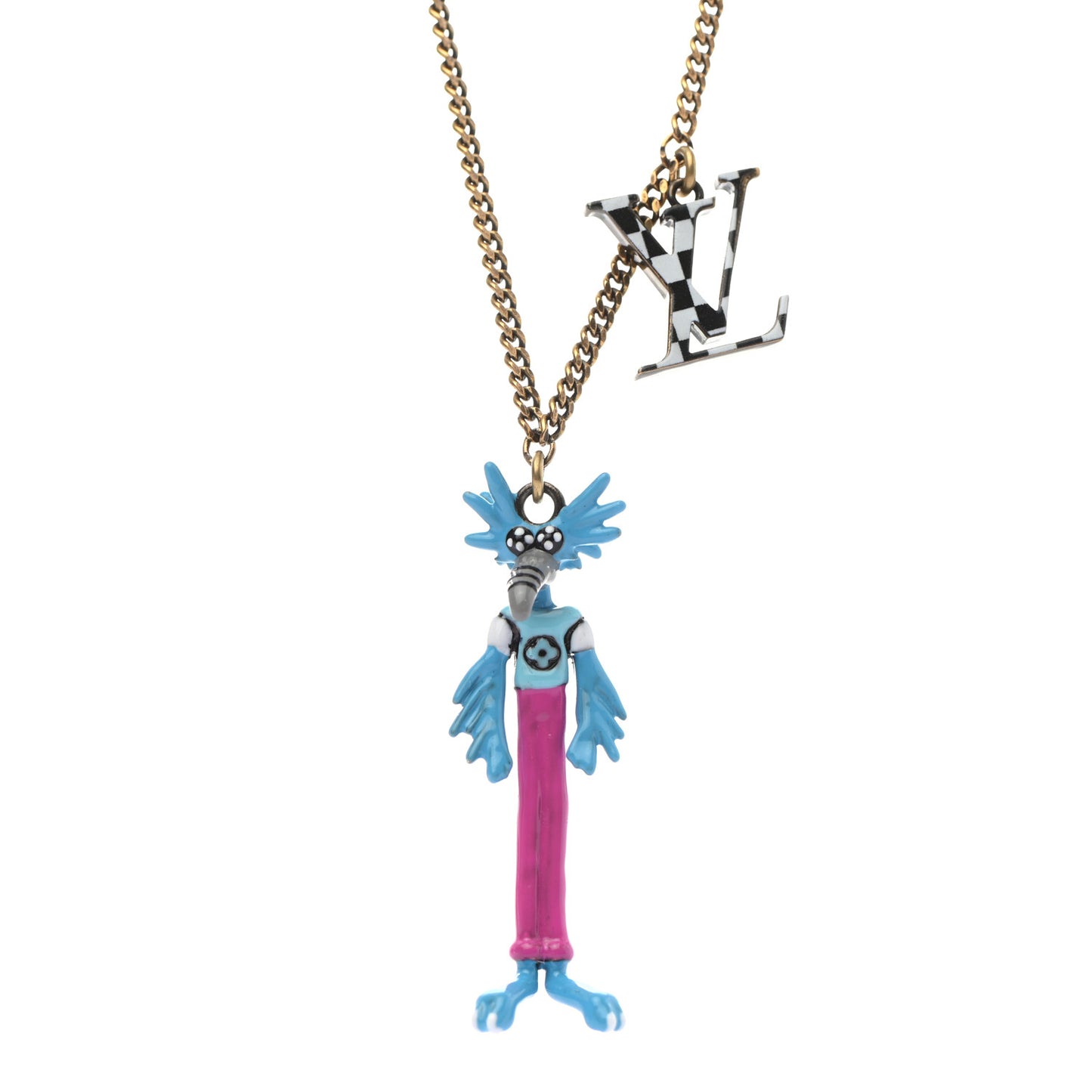 Lacquered Metal LV Friends Pendant Necklace Aged Gold Blue Pink