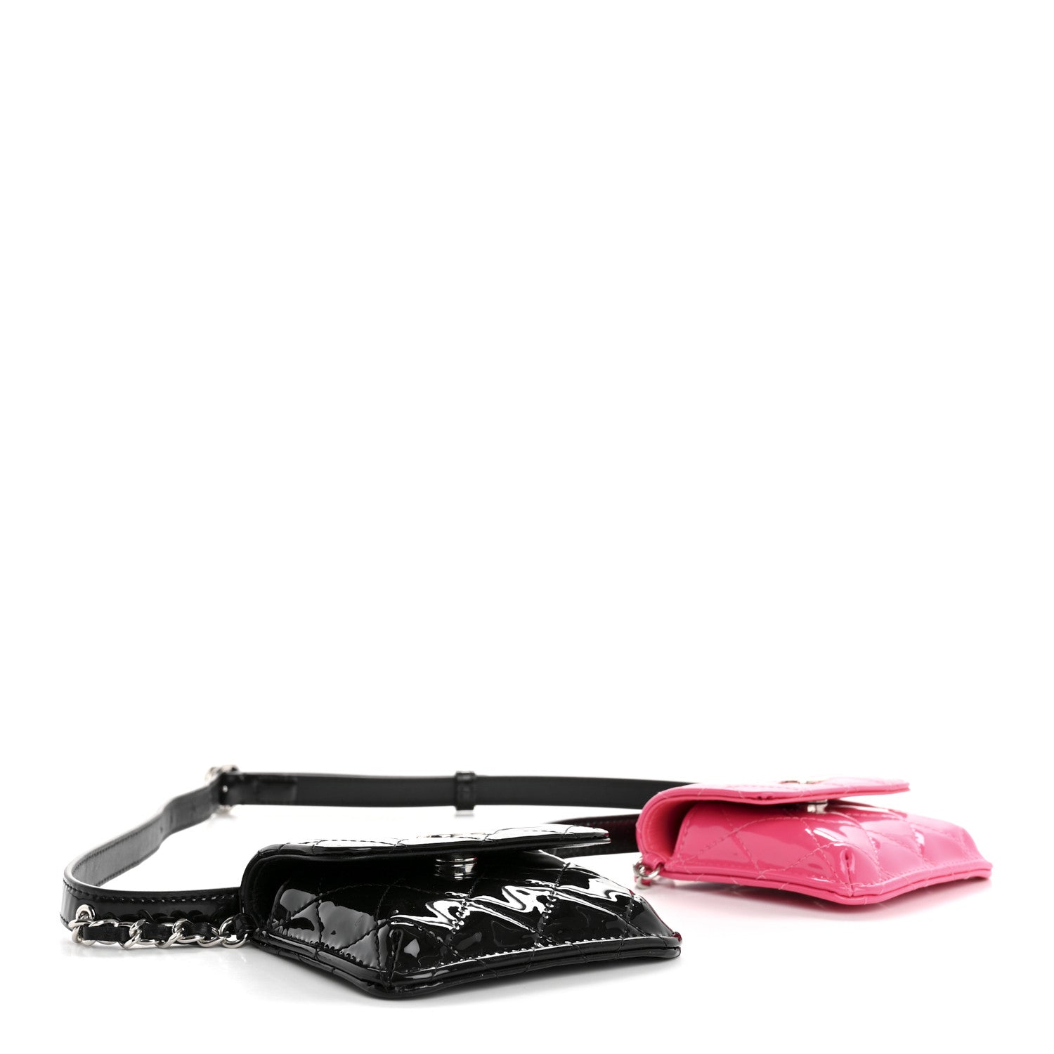 Chanel Patent Quilted Belt In Love Double Mini Flap Waist Bag Black Pink 4 of 13