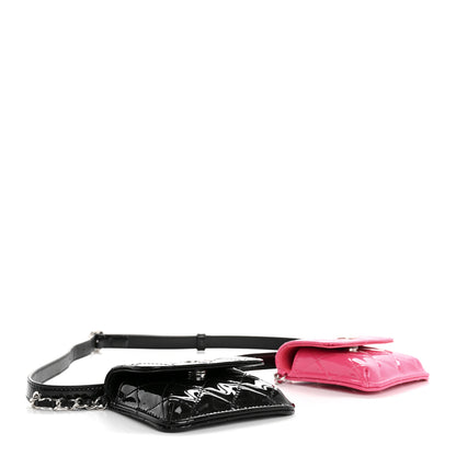 Chanel Patent Quilted Belt In Love Double Mini Flap Waist Bag Black Pink 4 of 13
