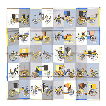 Hermes Silk Voitures Exquises Scarf 90 Gris Jaune Bleu 1 of 4