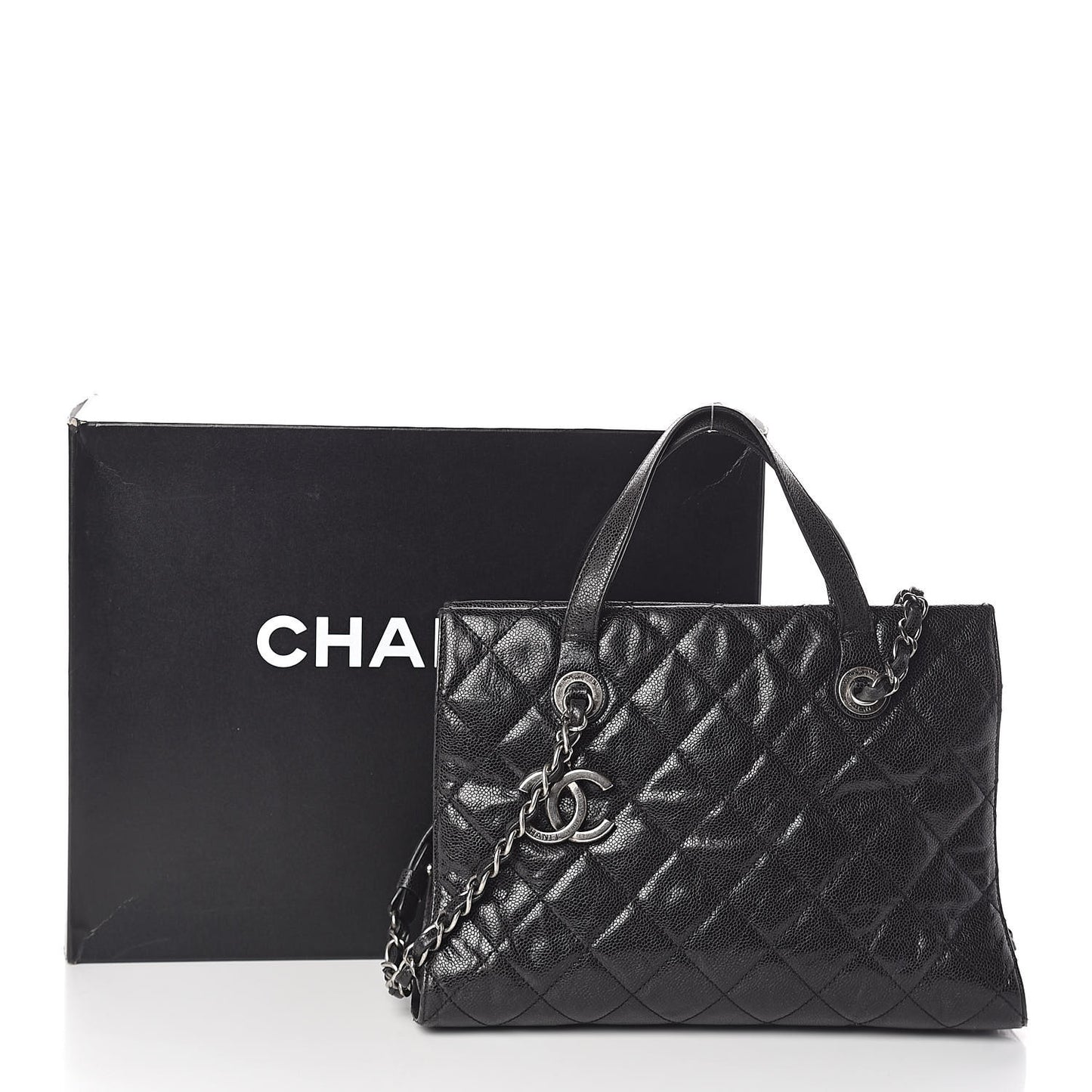 Crumpled Grained Calfskin Quilted CC Crave Tote Black