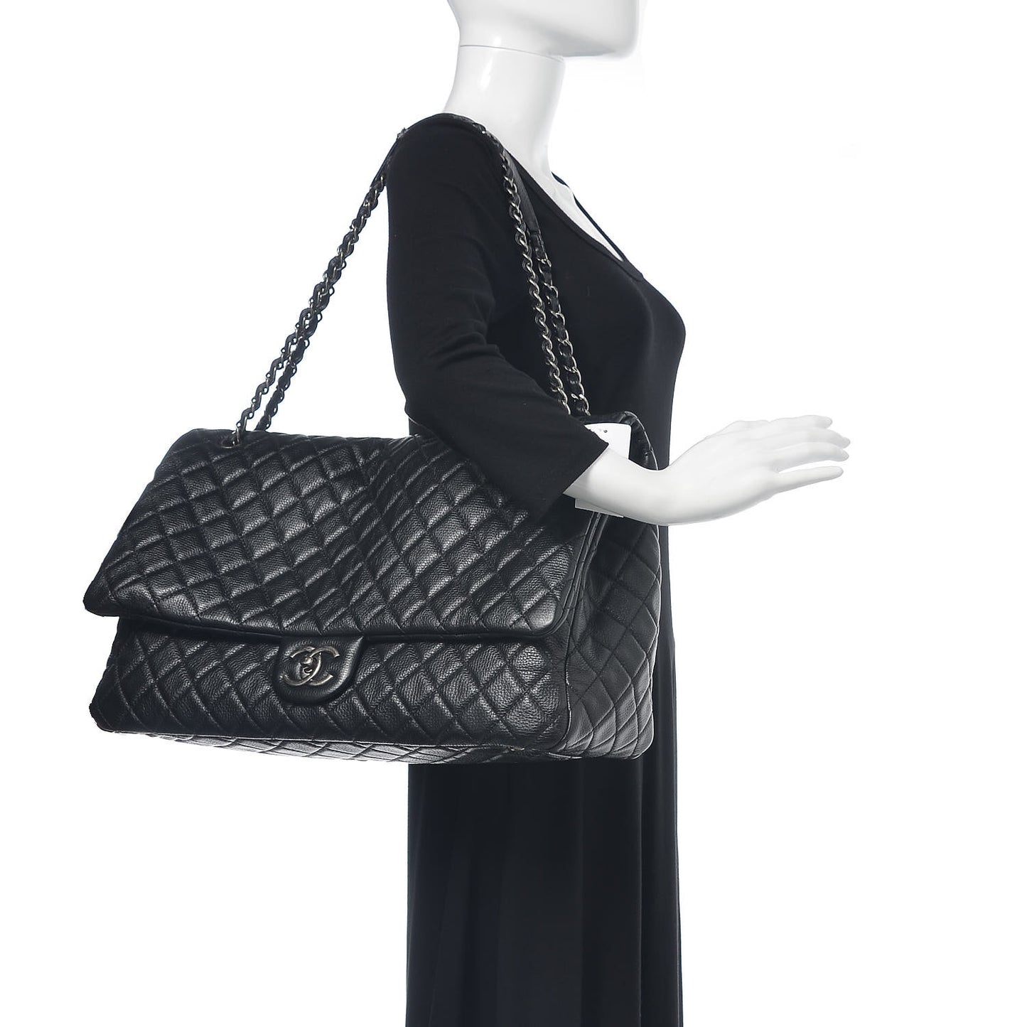 Calfskin Quilted XXL Travel Flap Bag Black
