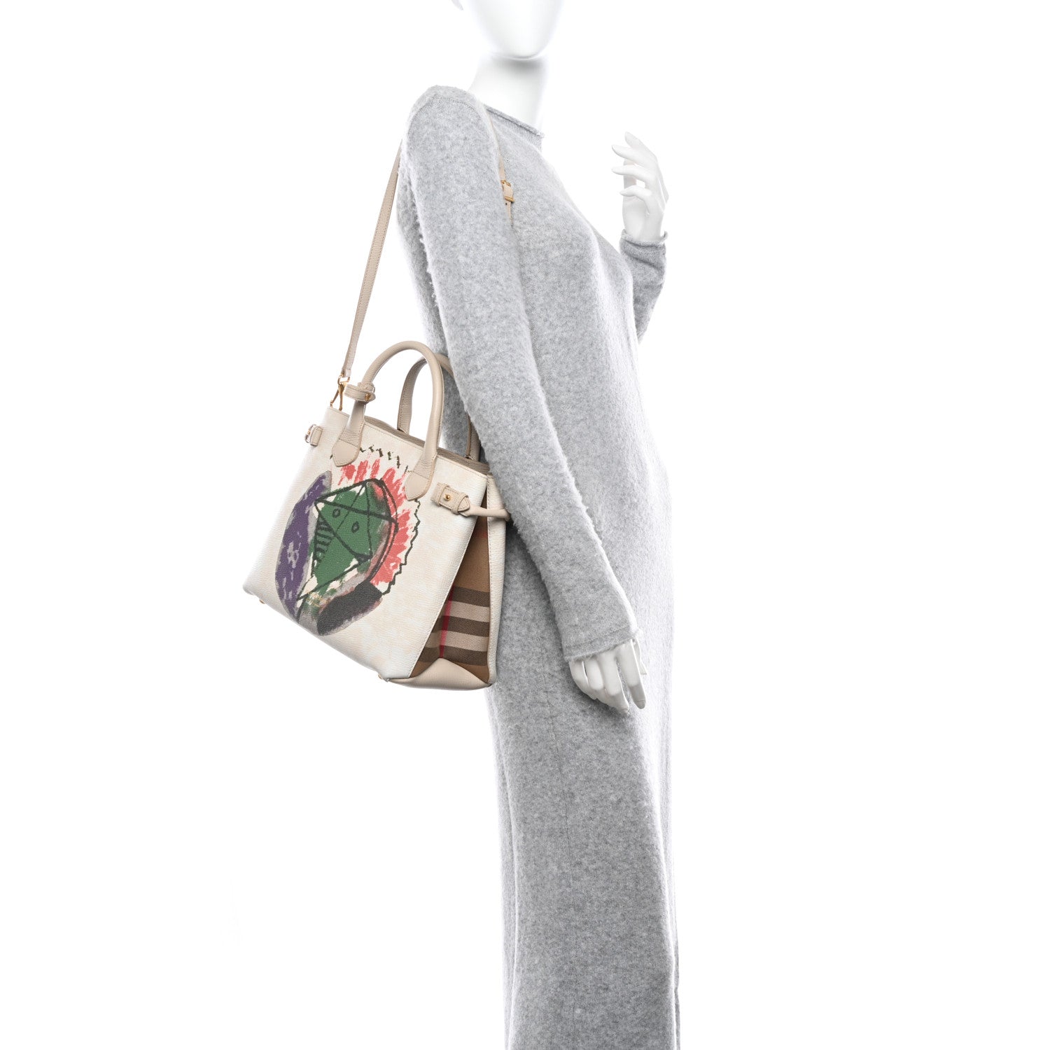 Burberry Derby Calfskin House Check Pallas Head Print Medium Banner Tote Grey 2 of 14