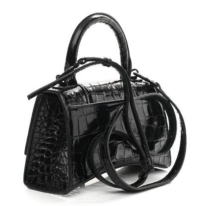 Balenciaga Shiny Calfskin Monochrome Crocodile Embossed Hourglass Top Handle Bag XS Black 3 of 10