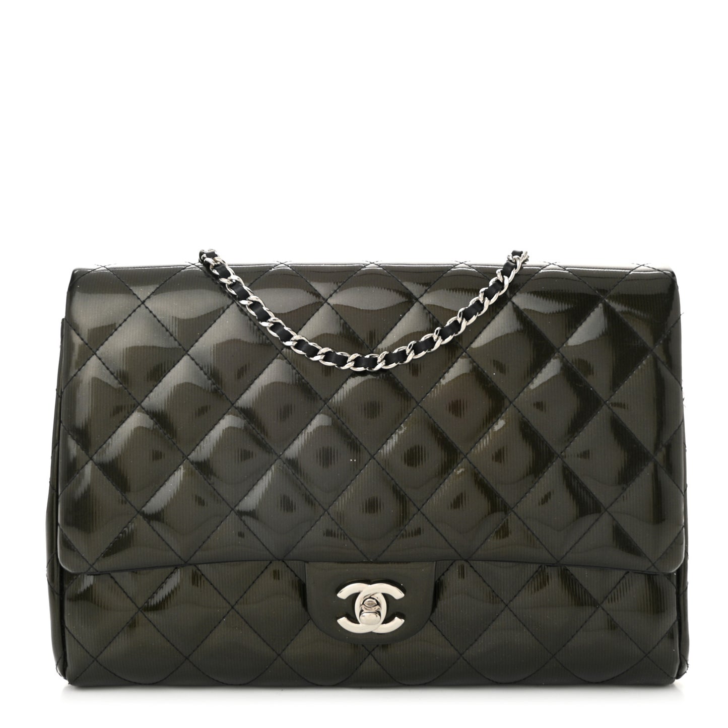 Striated Patent Quilted Clutch With Chain Flap Dark Grey