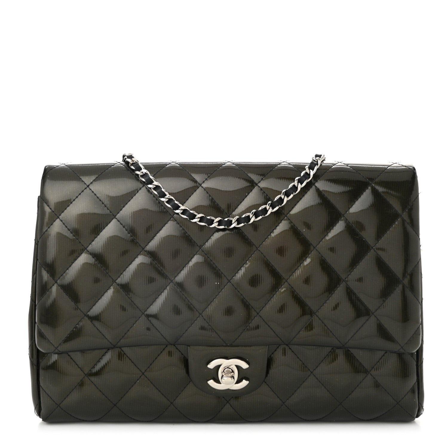 Chanel Striated Patent Quilted Clutch With Chain Flap Dark Grey 1 of 10