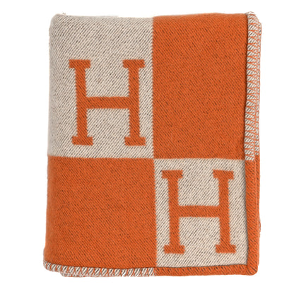 Hermes Wool Cashmere Signature Classic Avalon Blanket Ecru Potiron 1 of 4
