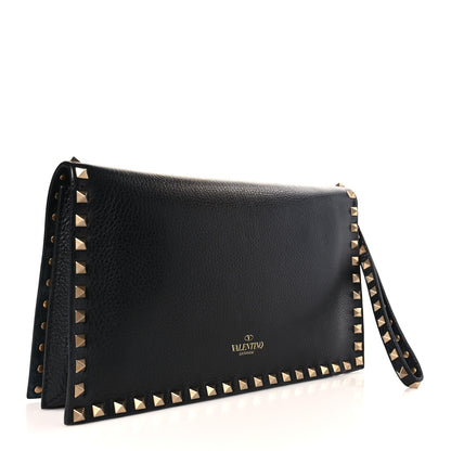 Valentino Garavani Pebbled Calfskin Beaded Strap Rockstud Medium Clutch Wristlet Black 3 of 8