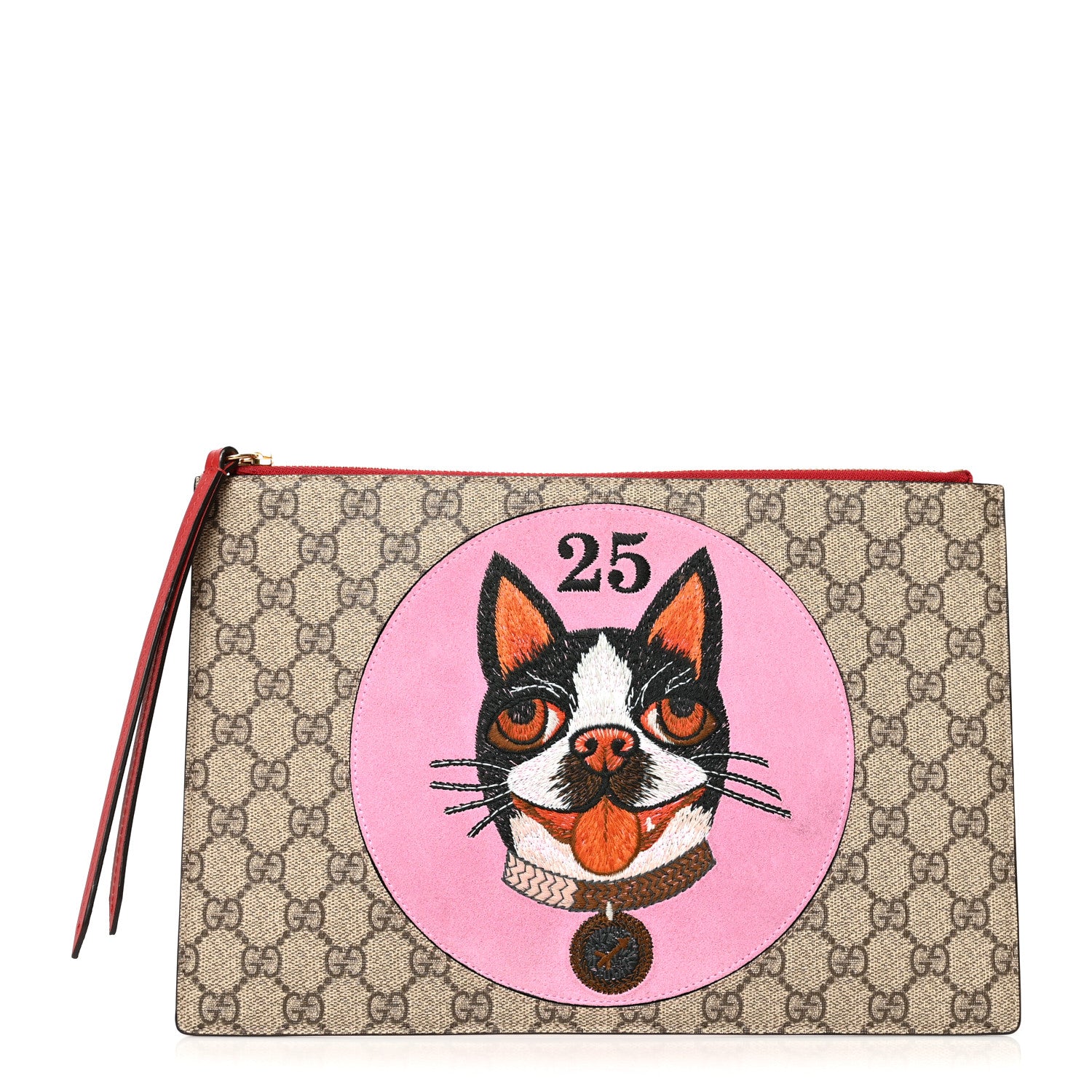 Gucci GG Supreme Monogram Bosco Patch Zip Pouch Beige Malva Hibiscus Red 1 of 9