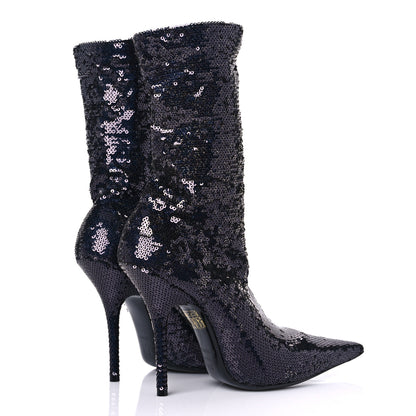 Balenciaga Metallic Sequin Spandex Pointy Toe Knife Booties 37.5 Navy 4 of 8