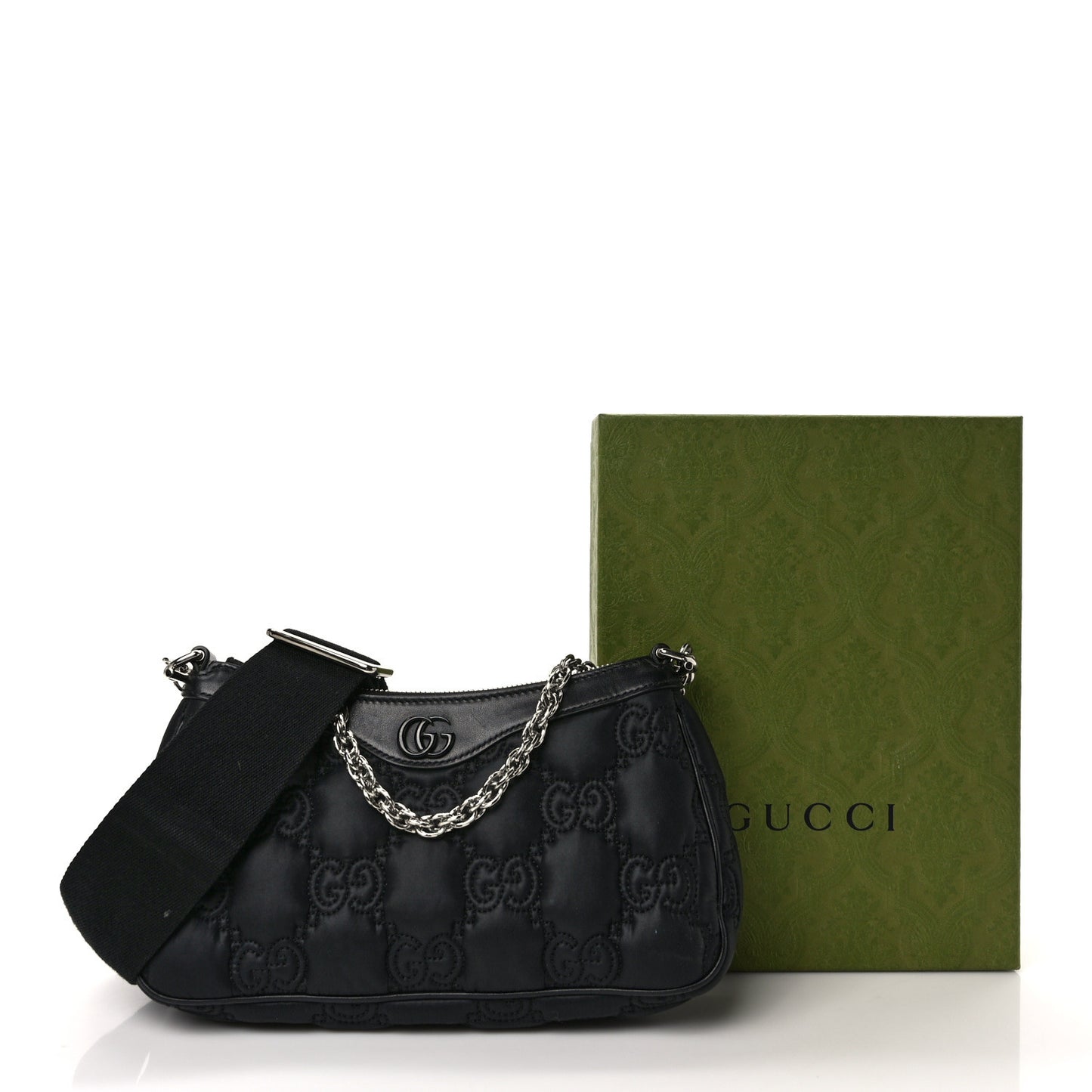 Nylon Calfskin Enamel GG Matelasse Chain Handbag Black