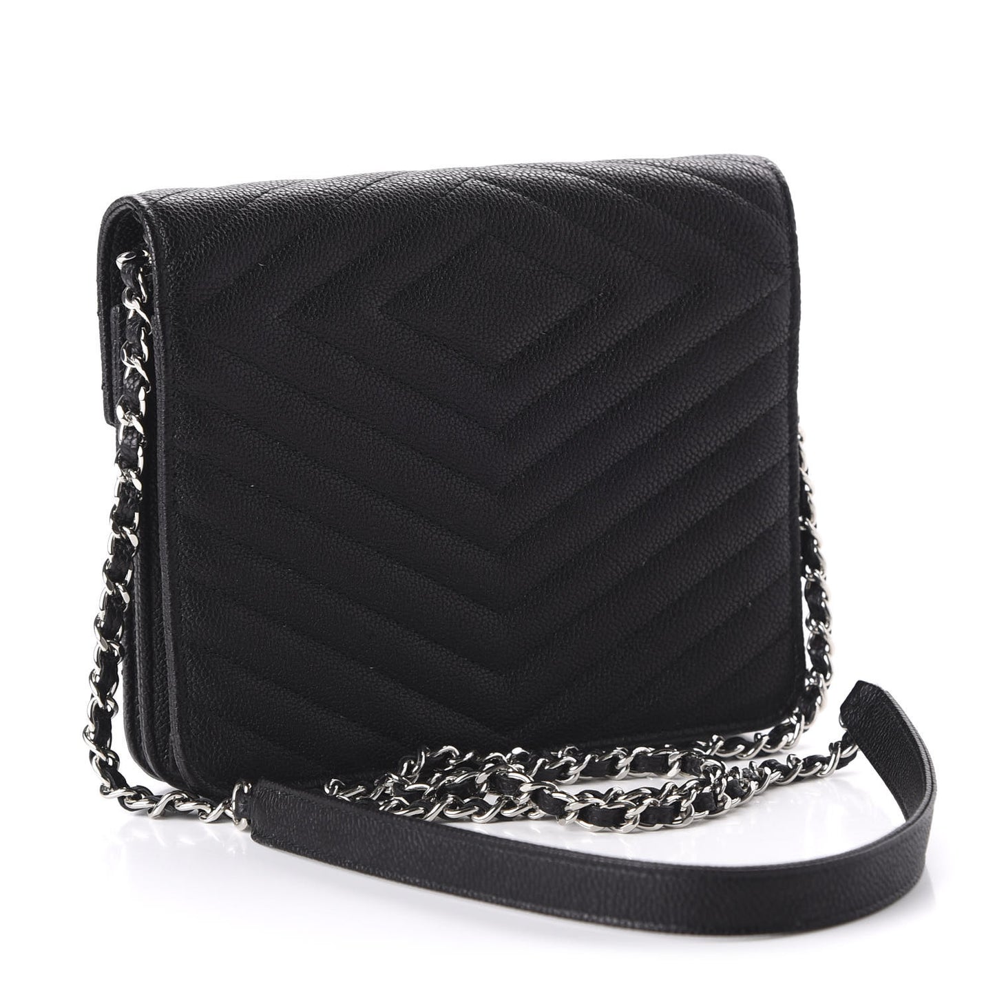 Caviar Chevron Quilted Square Wallet On Chain WOC Black