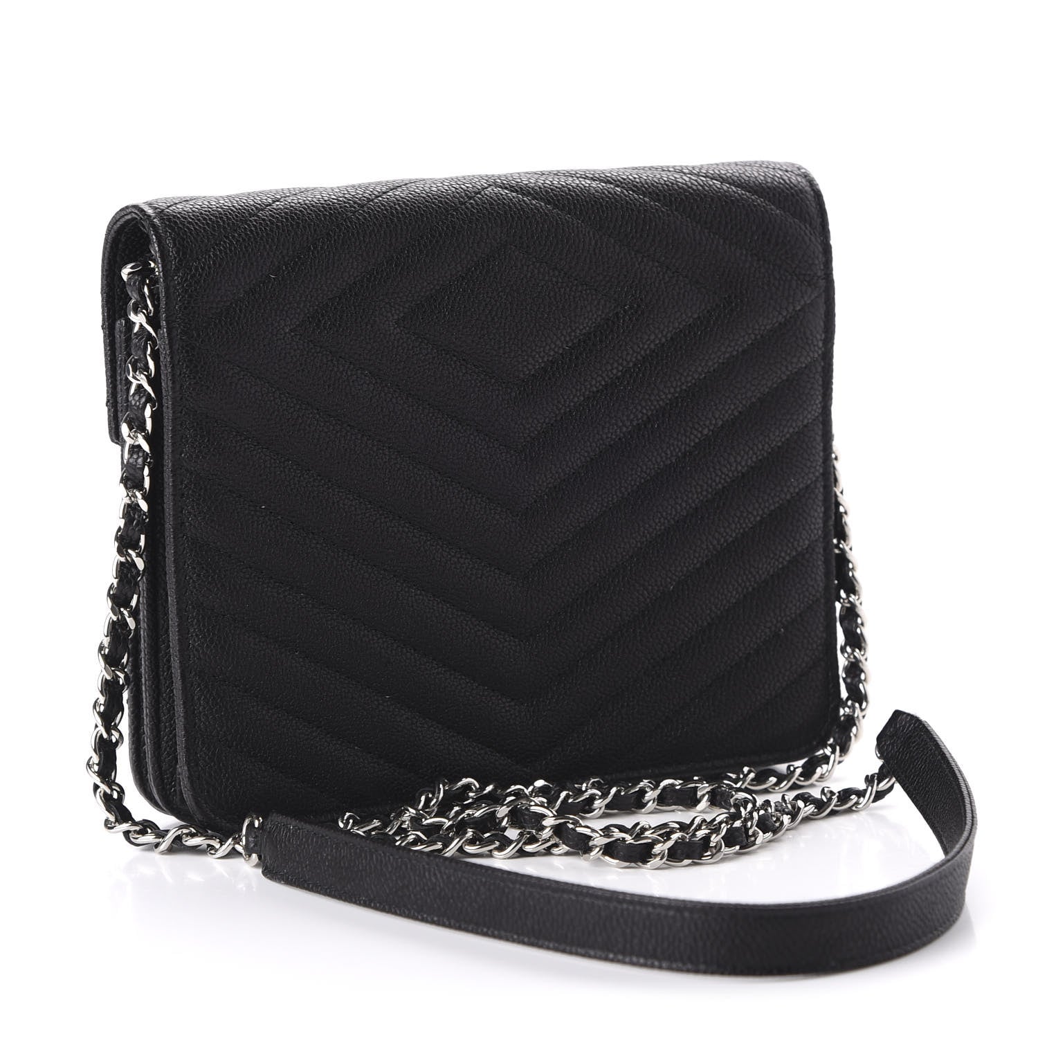 Chanel Caviar Chevron Quilted Square Wallet On Chain WOC Black 3 of 10