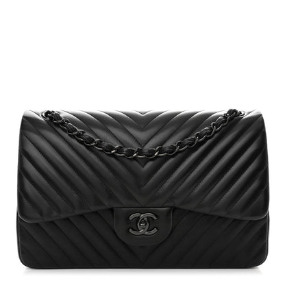 Chanel Lambskin Chevron Quilted Jumbo Double Flap So Black 1 of 13