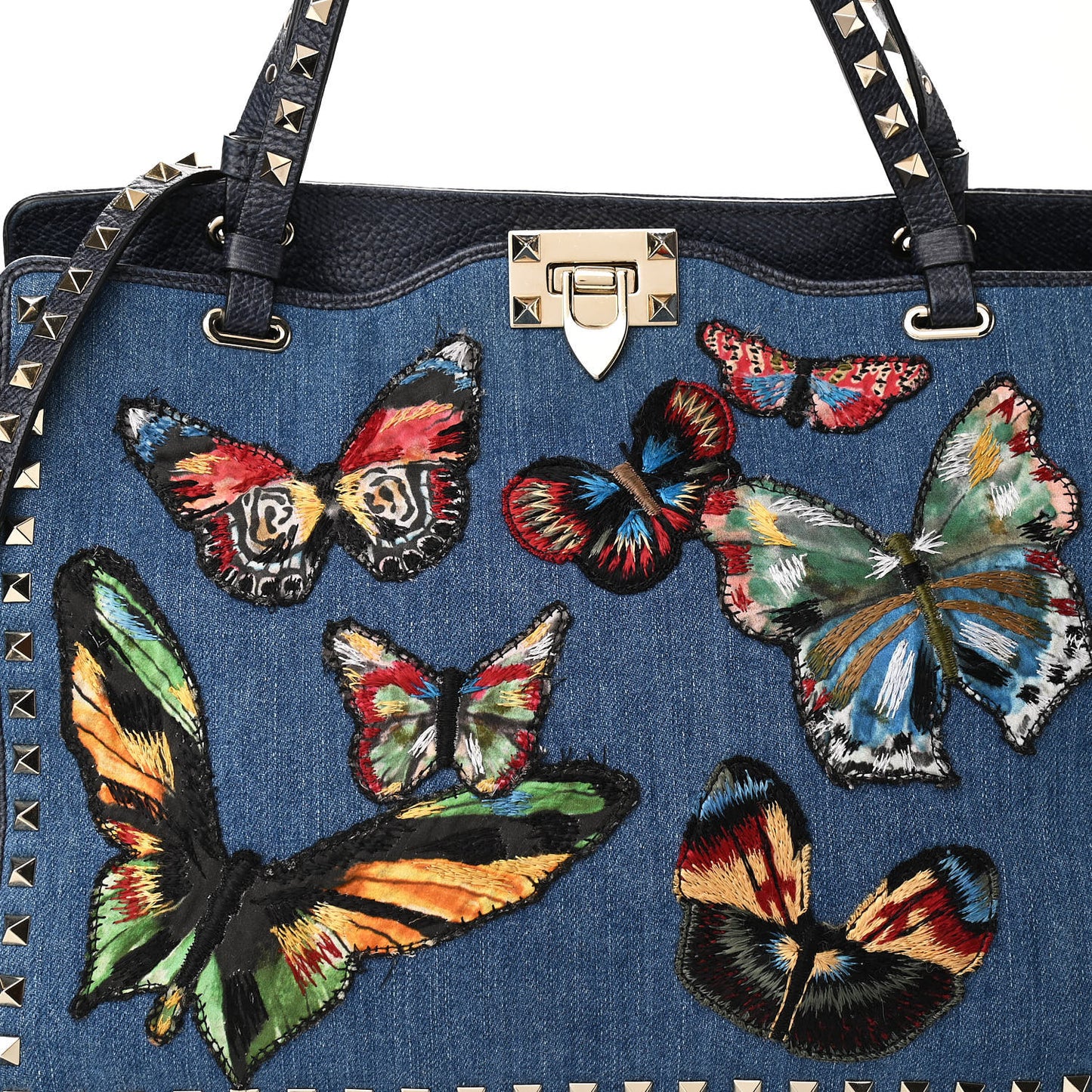 Denim Butterfly Embroidered Medium Rockstud Tote Light Denim Multicolor
