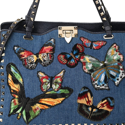 Valentino Garavani Denim Butterfly Embroidered Medium Rockstud Tote Light Denim Multicolor 7 of 9