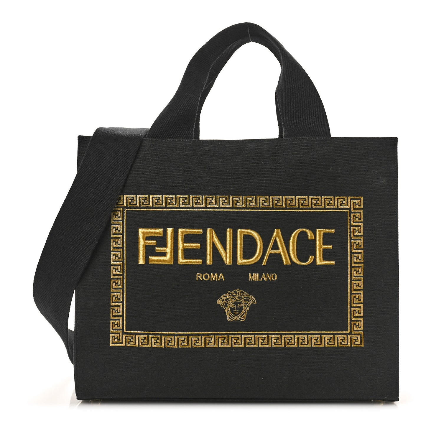 X VERSACE Cotton Canvas Cuoio Romano Fendace Logo Embroidered Signature Shopping Tote Black Gold