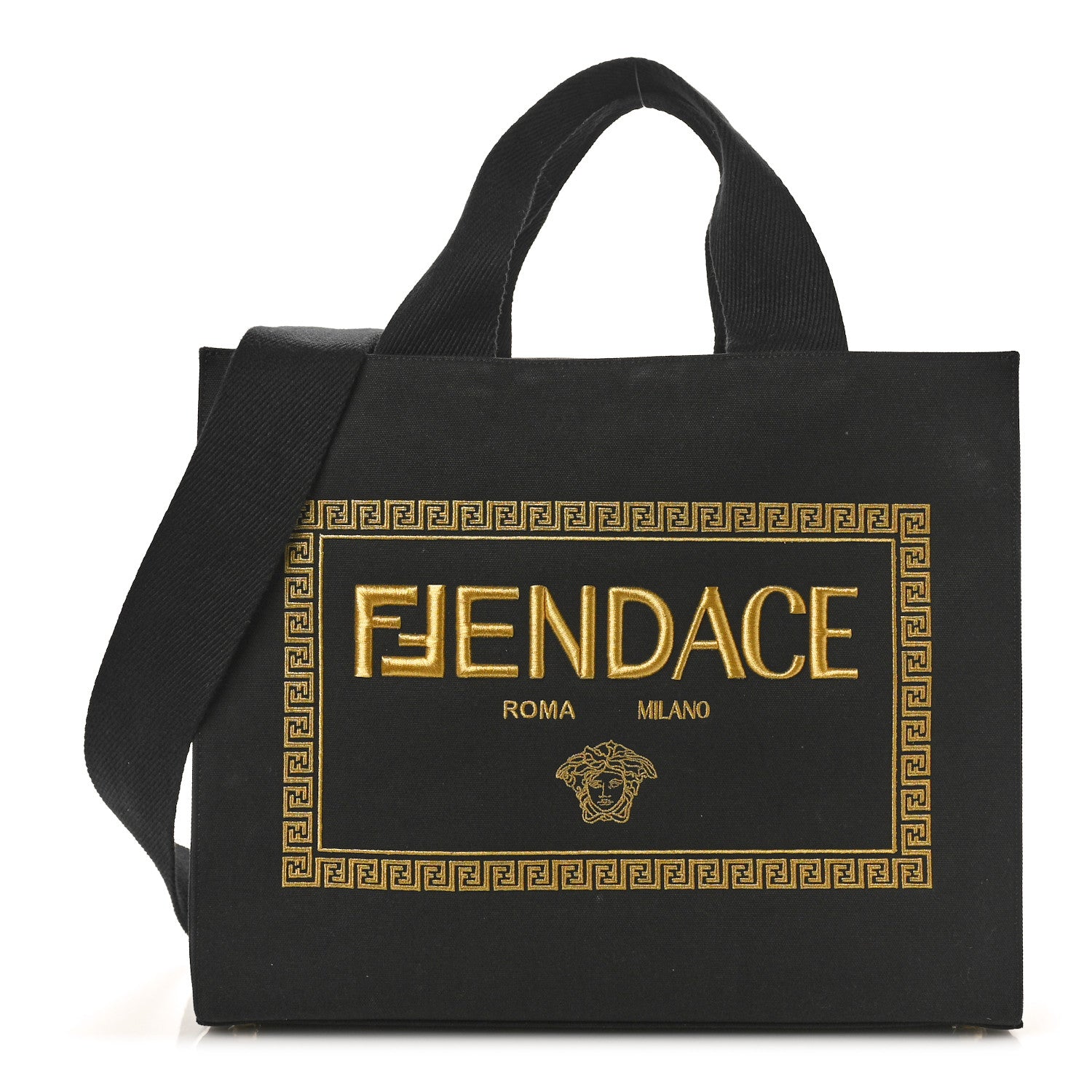 Fendi X VERSACE Cotton Canvas Cuoio Romano Fendace Logo Embroidered Signature Shopping Tote Black Gold 1 of 10