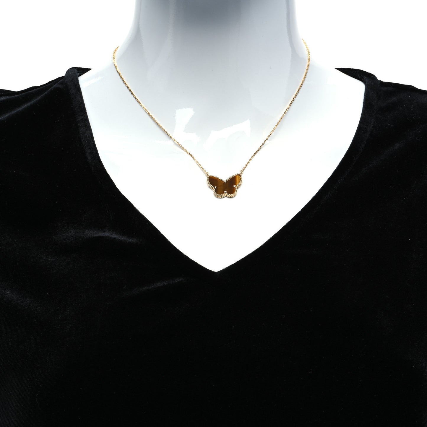 18K Yellow Gold Tiger Eye Lucky Alhambra Butterfly Pendant Necklace