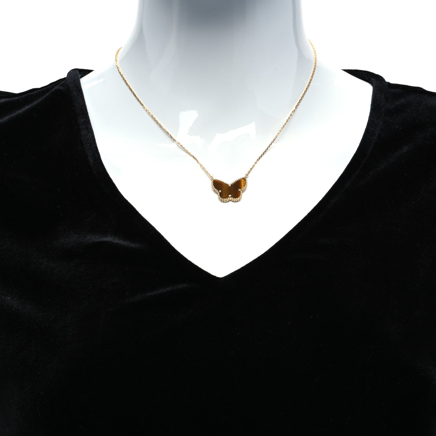 Van Cleef & Arpels 18K Yellow Gold Tiger Eye Lucky Alhambra Butterfly Pendant Necklace 2 of 7