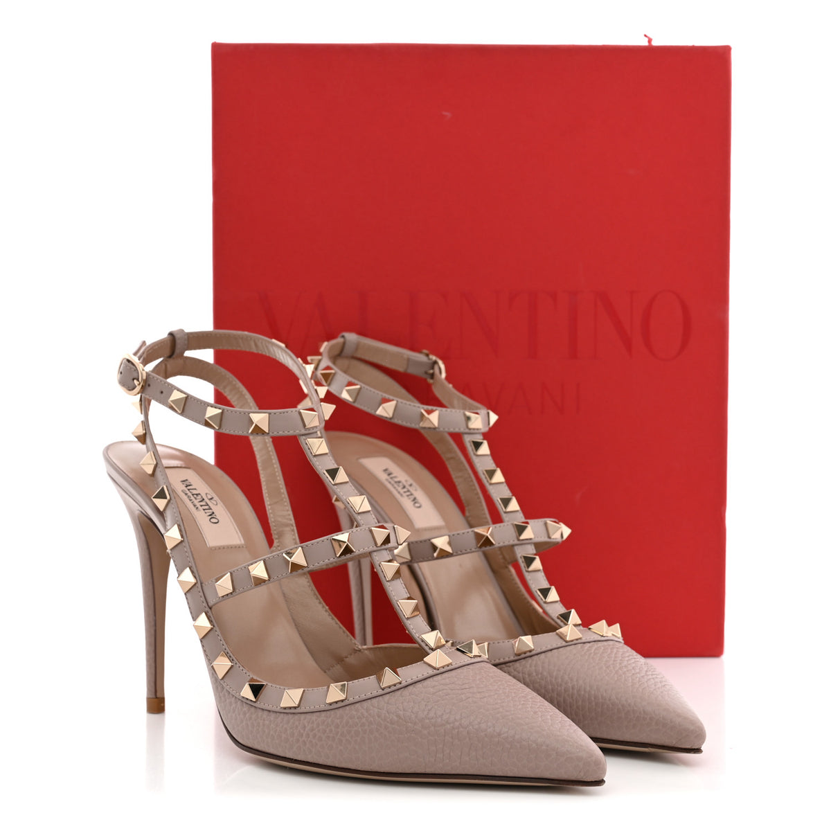 Pebbled Calfskin Rockstud Ankle Strap 100mm Pumps 40.5 Poudre