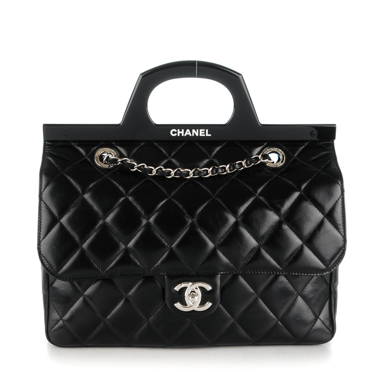 Glazed Calfskin Quilted Small CC Delivery Tote Black