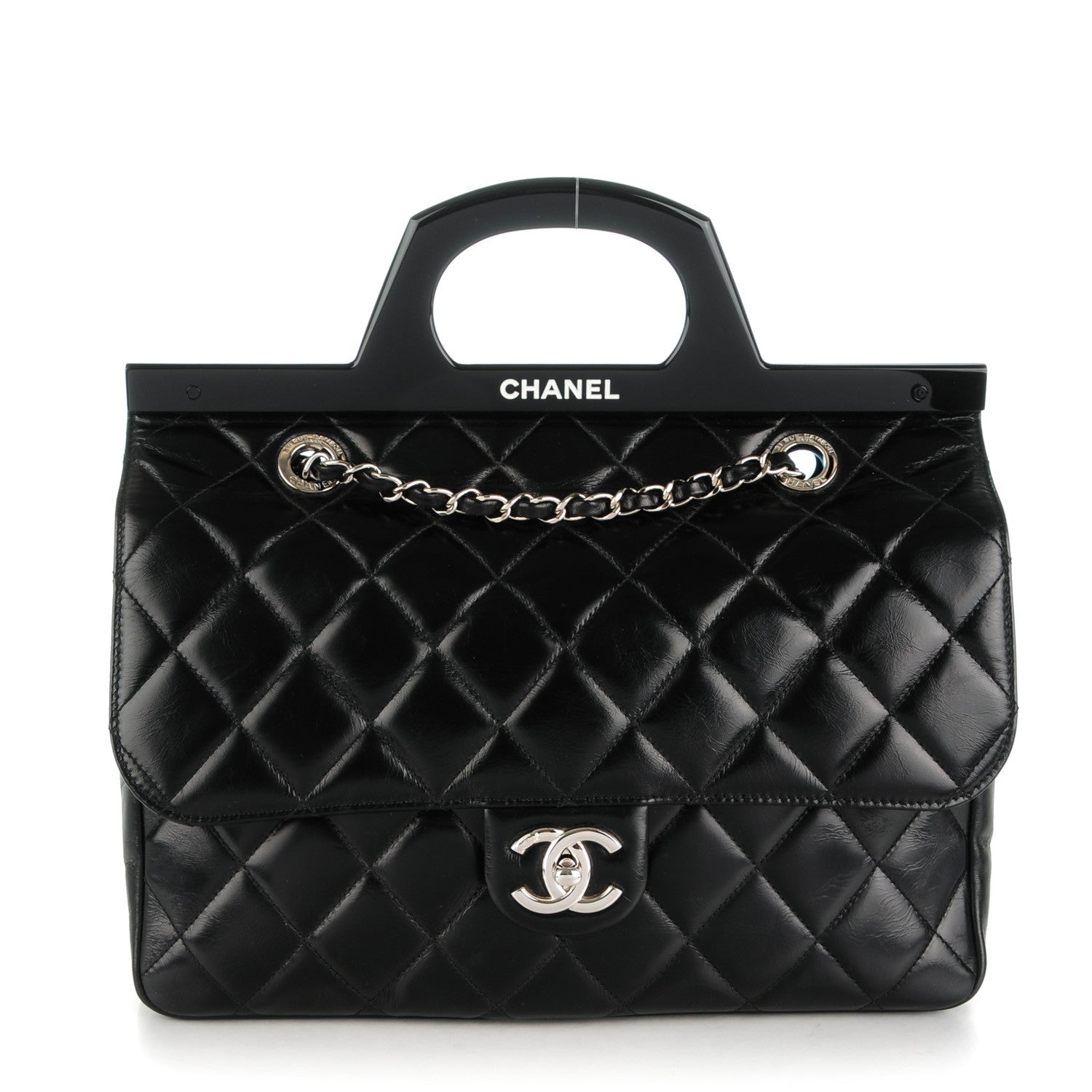 Chanel Glazed Calfskin Quilted Small CC Delivery Tote Black 1 of 8
