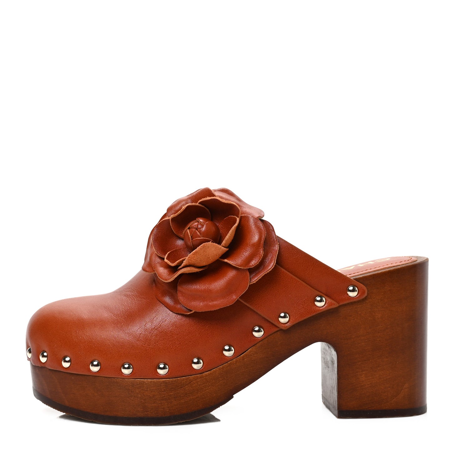 Calfskin Camellia Clogs 37 Brown