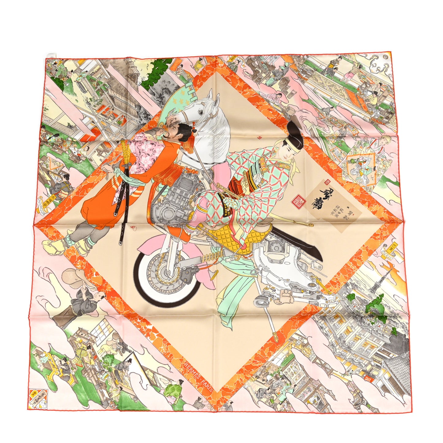 Silk Les Artisans D'Hermes Scarf 90 Beige Orange Vert