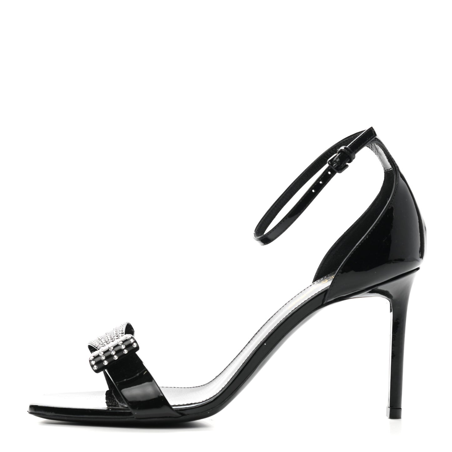 Patent Calfskin Crystal Amber Bow 85 Ankle Strap Sandals 38.5 Black