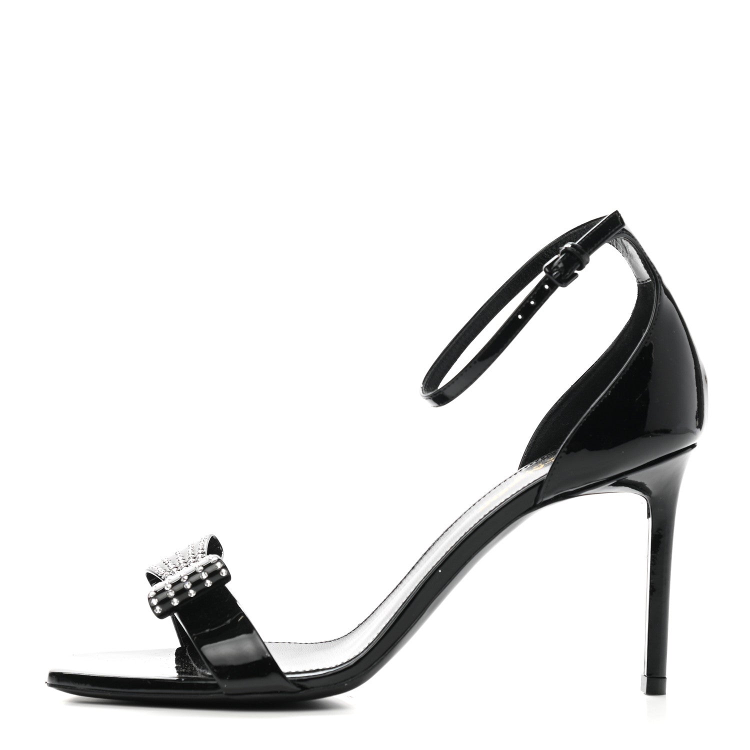Saint Laurent Patent Calfskin Crystal Amber Bow 85 Ankle Strap Sandals 38.5 Black 1 of 7