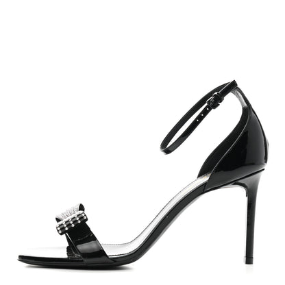 Saint Laurent Patent Calfskin Crystal Amber Bow 85 Ankle Strap Sandals 38.5 Black 1 of 7