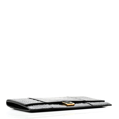 Balenciaga Shiny Calfskin Crocodile Embossed Hourglass Flap Flat Pouch Black 4 of 9