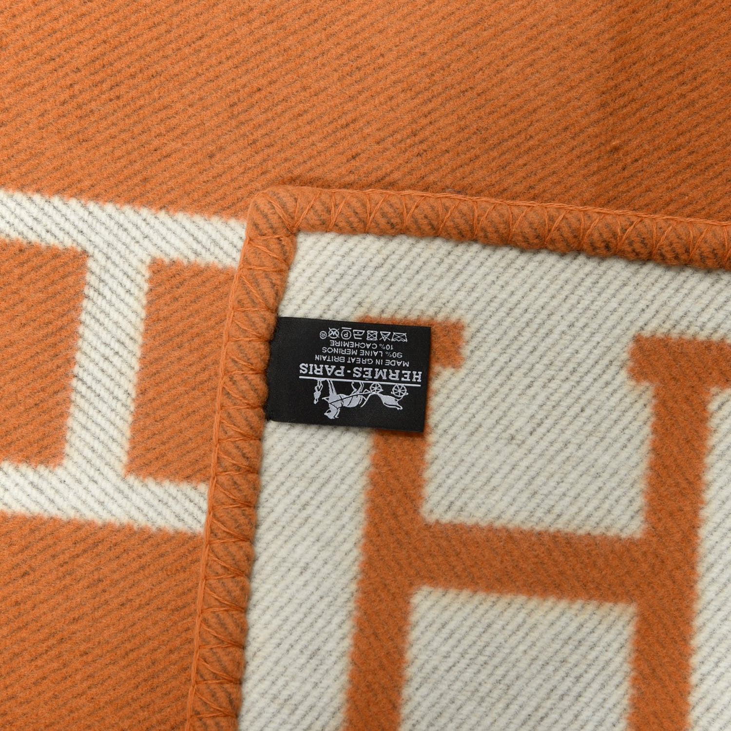 Hermes Wool Cashmere Signature Classic Avalon Blanket Ecru Potiron 3 of 3