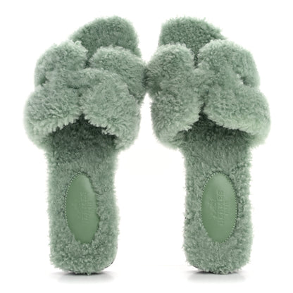 Hermes Woolskin Oran Sandals 35 Vert D’eau 2 of 8