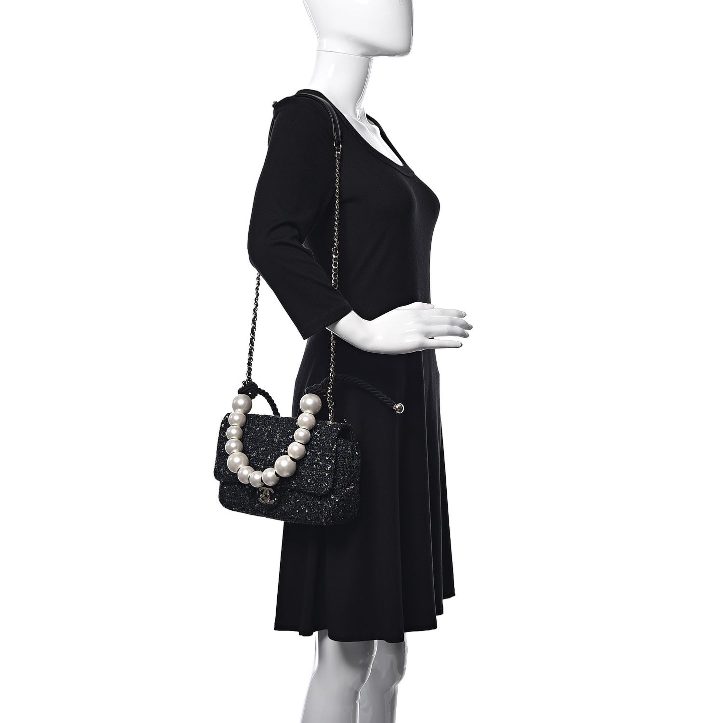 Tweed Mini Pearl Handle Flap Black Ecru
