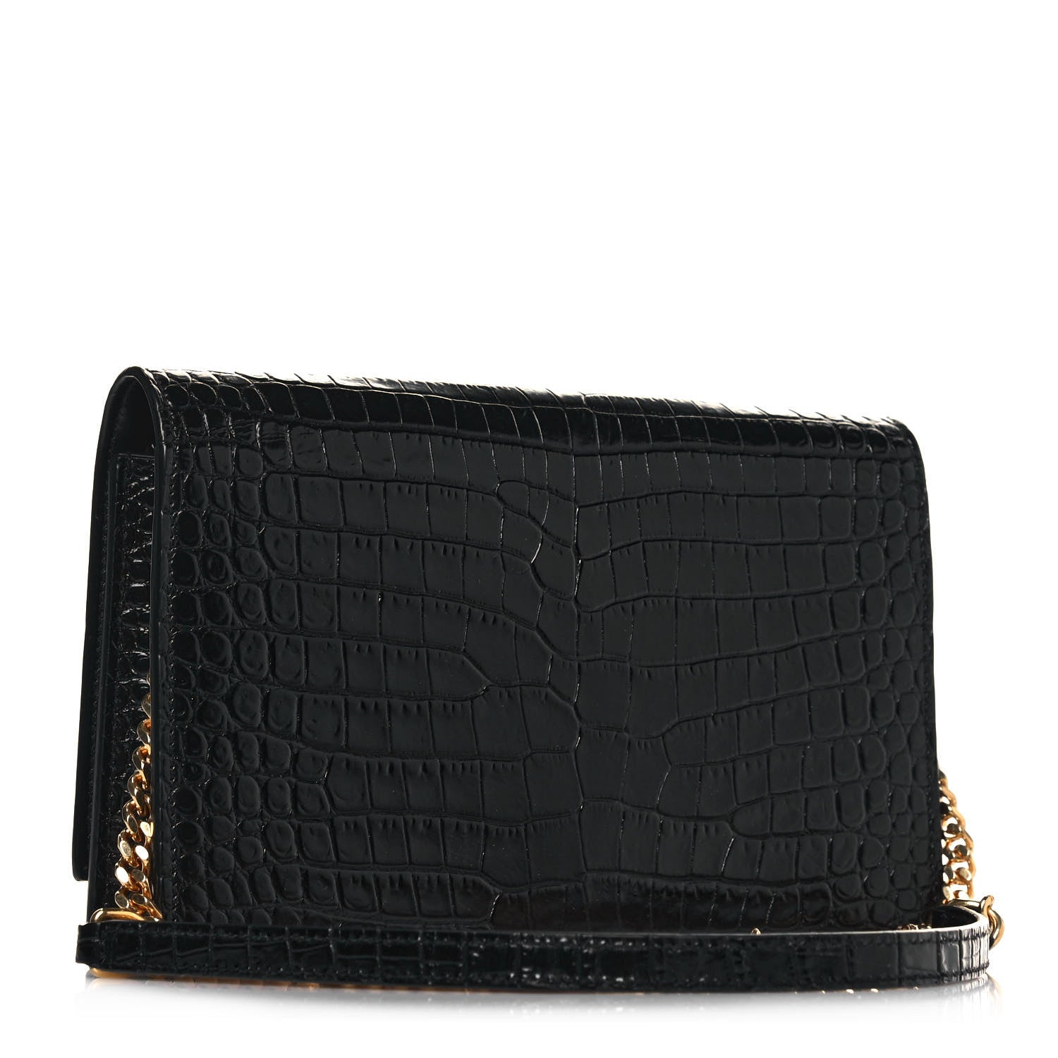 Saint Laurent Calfskin Crocodile Embossed Kate Monogram Tassel Chain Wallet Black 3 of 12