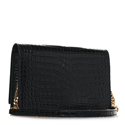 Saint Laurent Calfskin Crocodile Embossed Kate Monogram Tassel Chain Wallet Black 3 of 12