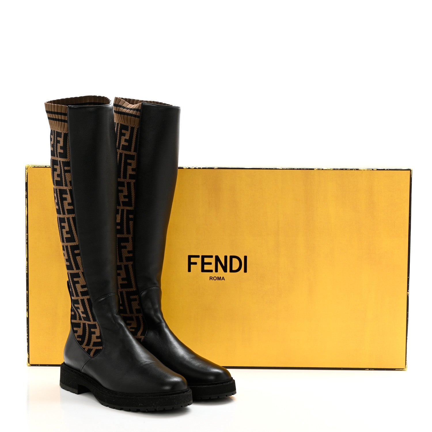 Fendi Nappa Microfiber Fabric FF Rockoko Tall Boots 35 Black Tobacco 10 of 10