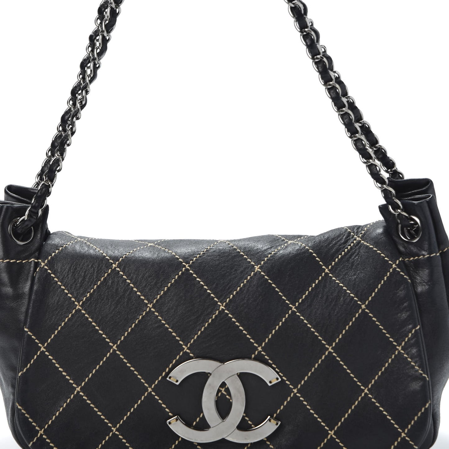 Lambskin Contrast Stitch Surpique Accordion Flap Black