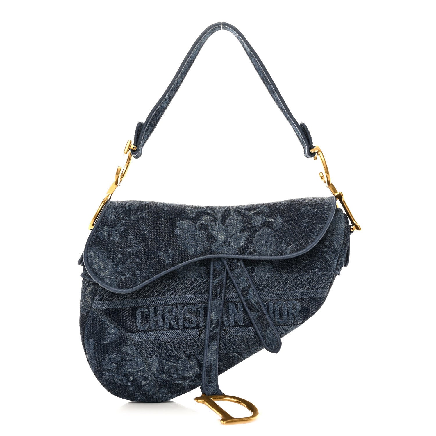 Christian Dior デニムバッグ Christian Dior Denim Flowers Embroidered Saddle Bag Blue