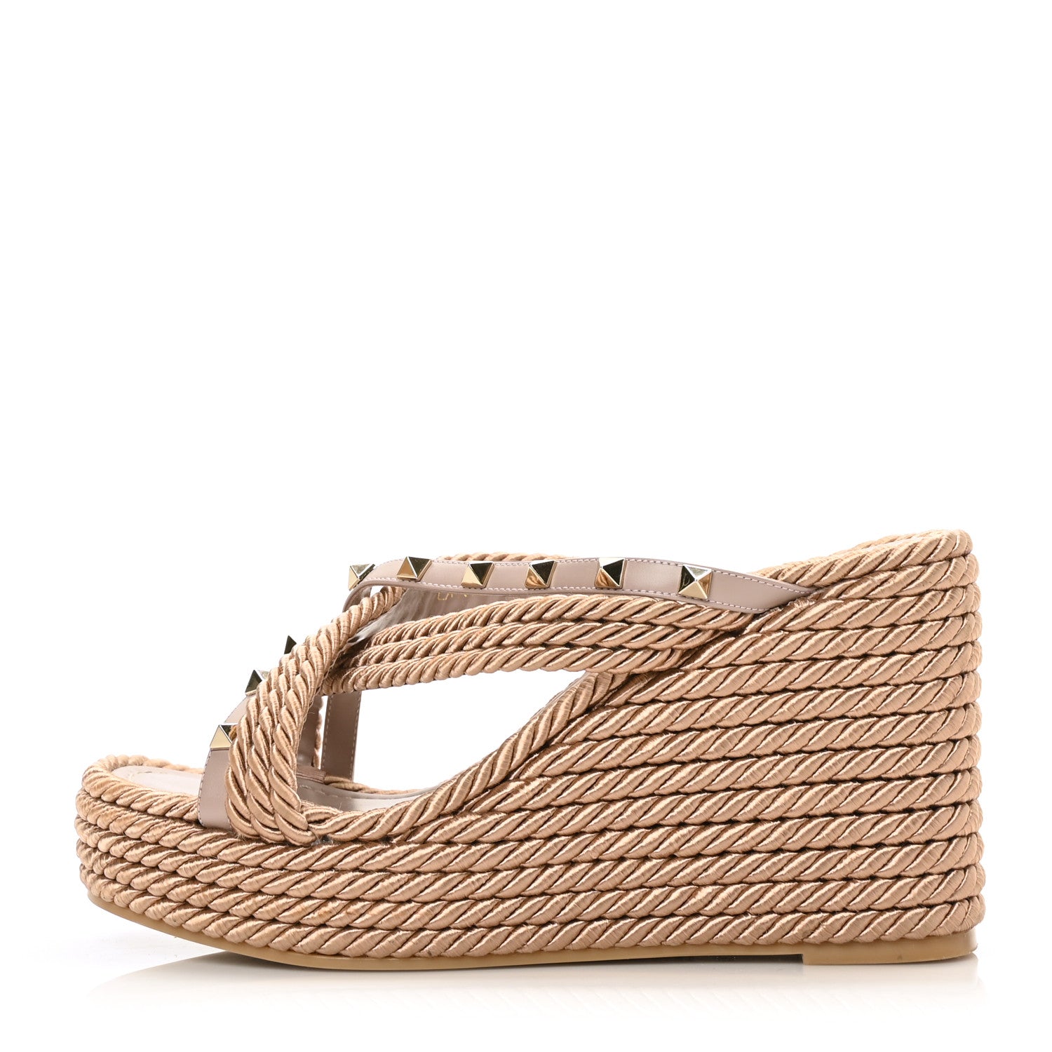 Valentino Garavani Calfskin Silk Rockstud Torchon Espadrille Wedge 25/95mm Slide Sandals 39 Poudre 1 of 8