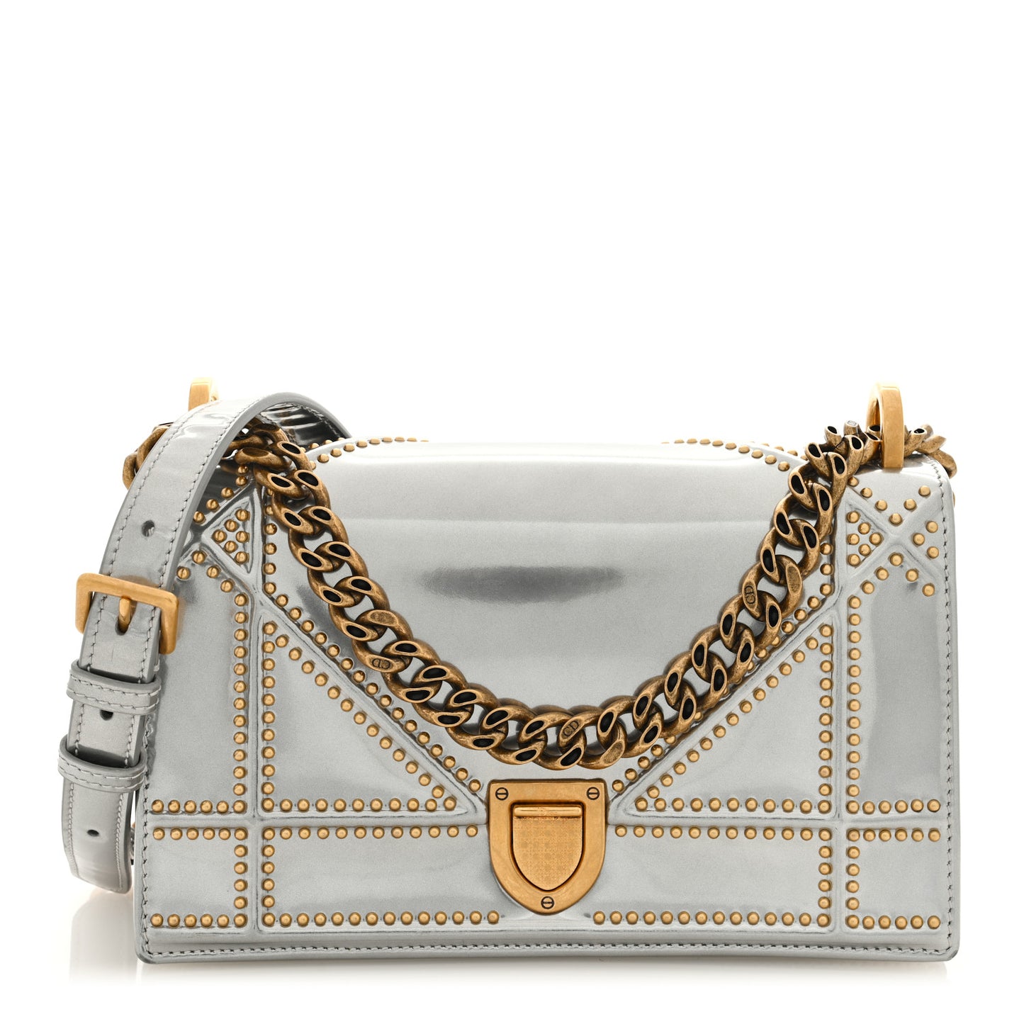 Metallic Patent Studded Small Diorama Flap Bag Silver