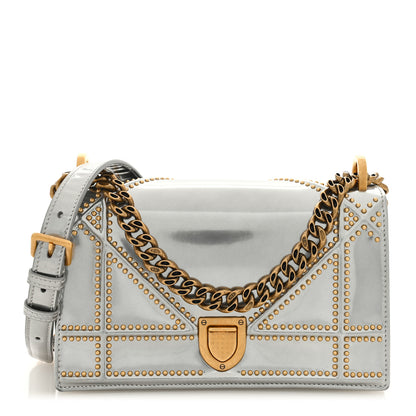 Christian Dior Metallic Patent Studded Small Diorama Flap Bag Silver 1 of 9